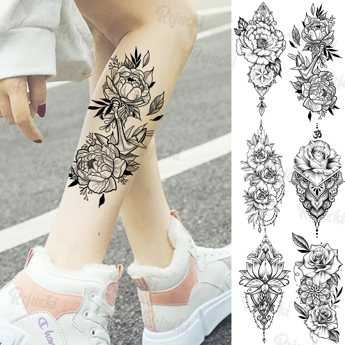 

Black Flower Anchor Temporary Tattoos For Women Adults Realistic Lotus Henna Fake Pendant Tattoo Sticker Leg Body Tatoos DIY