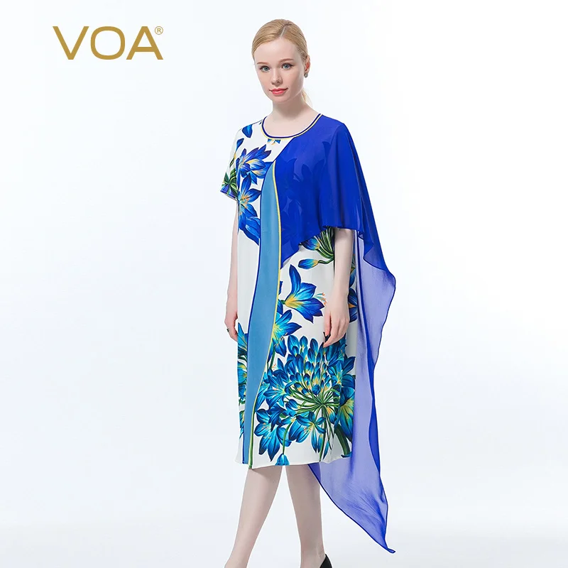

VOA 30m/m Printed Heavy Crepe Round Neck Short Sleeve One Button Collision Material Splicing Harajuku Loose Party Dresses AE935