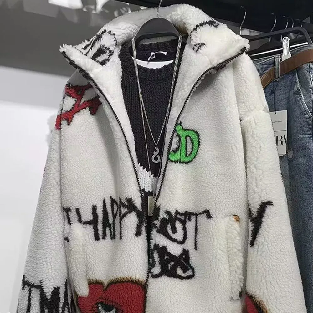 Autumn and winter new fashion women's casual all-match non-positioning graffiti print fleece imitation lamb wool coat