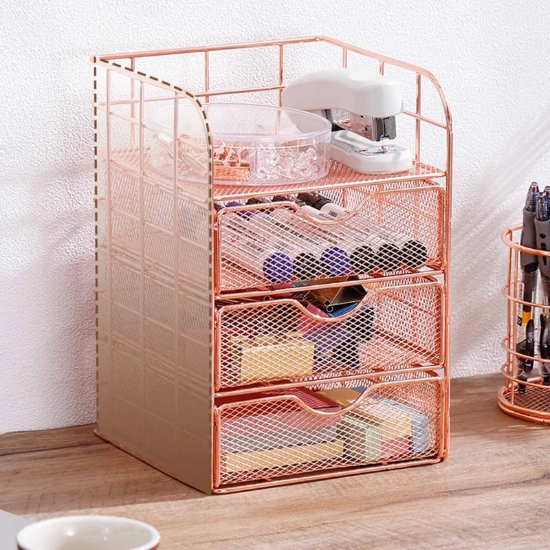 

Rose Gold Mesh Stationery Caddy Storage Case for Dresser Vanity Student Staff