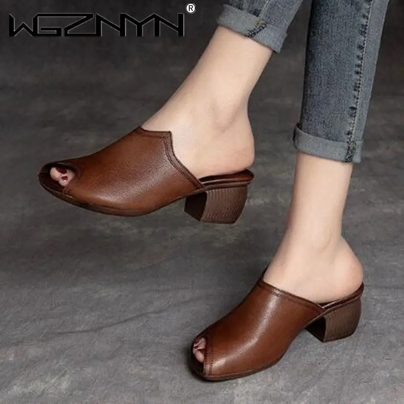 

Женские шлепанцы ручной работы, черные или Коричневые Мягкие Шлепанцы с закрытым носком, на высоком каблуке, в стиле ретро, лето 2023