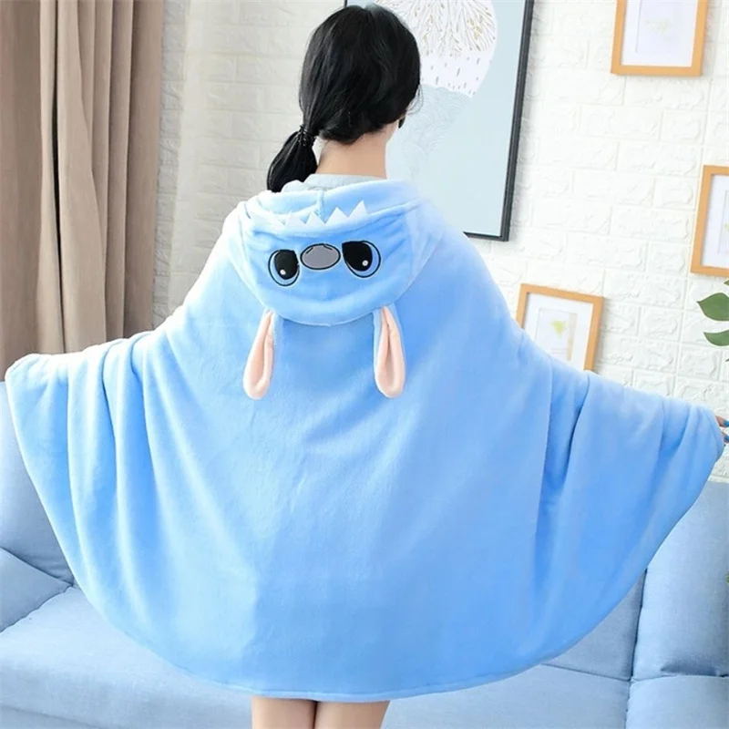 Lilo and Stitch Coral Fleece Fabric Blanket With Hooded Cute Cartoon Cosplay Cloak Cape Warm Wearable Throw Blanket For Sofa