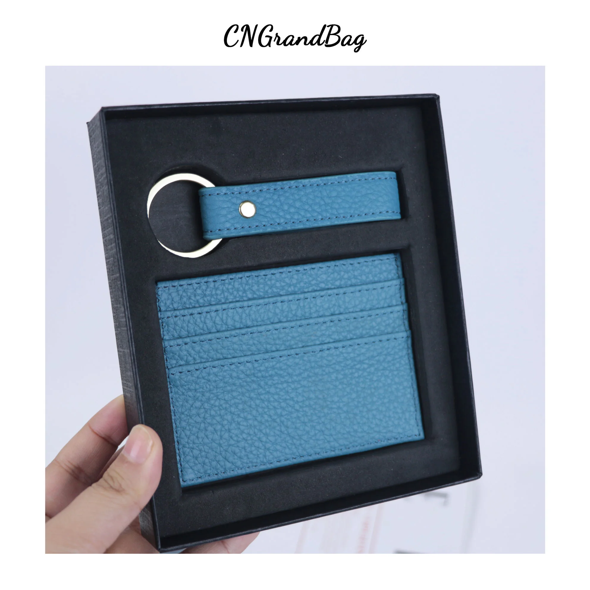 Free Customizable Hot Stamping Name Genuine Leather Cardholder Key Ring Gift Box Set