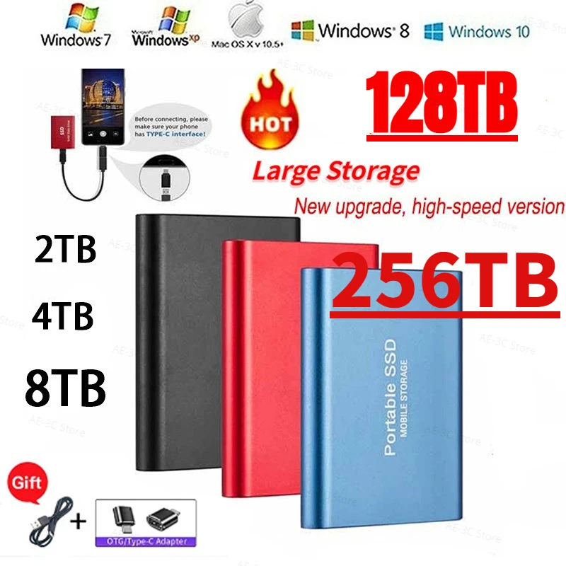 

256TB High-Speed Mobile External SSD 2TB Hard Disk For Laptop Desktop Computer Interface USB3.1/Type-C Memory 8TB 16TB 128TB