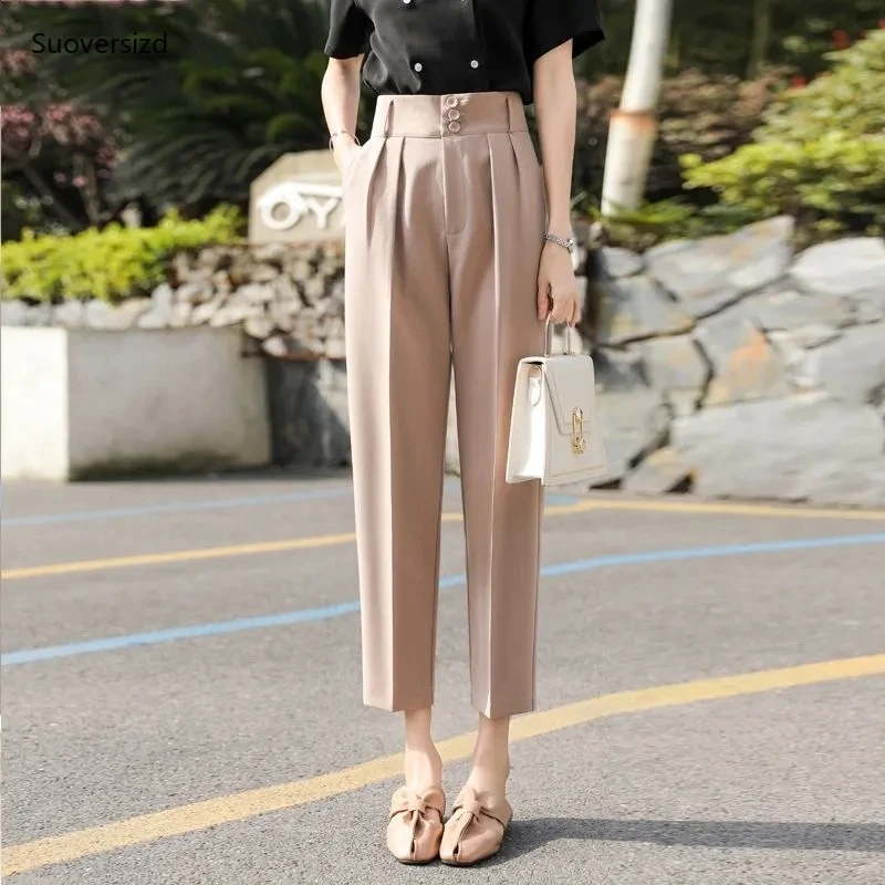 

Women's Chic Formal Straight Pant Casual Business Daily Suit Trousers Elegant Baggy Button Fly Pleated Ankle-Length Harem Pants