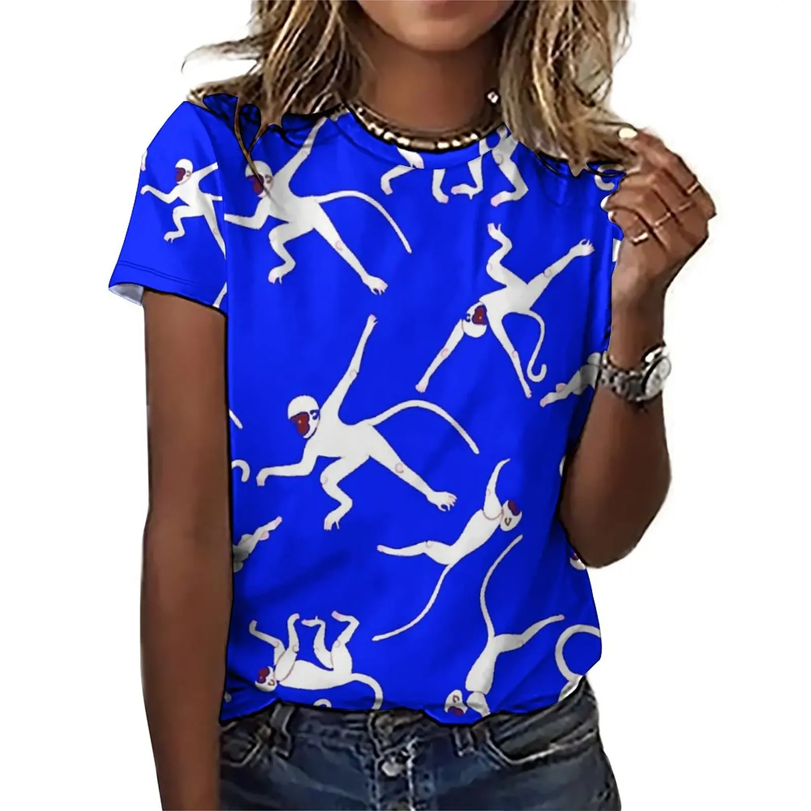 

Monkey Print T Shirts Blue and White Casual Big Size T-Shirt Short Sleeve Ladies Cute Tshirt Beach Pattern Top Tees