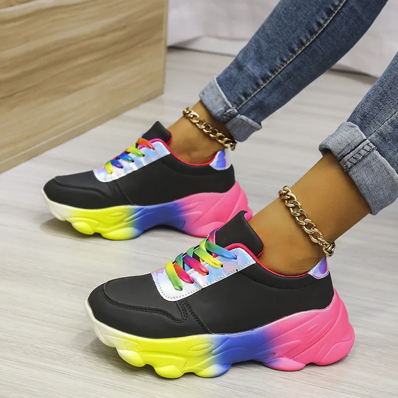 

Thick Bottom Sport Shoes Women 2022 Spring New Color Graffiti Hand-painted Women Sneakers Soft Soles Breath Chunky Dady Shoes