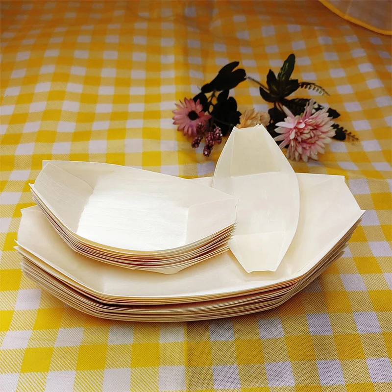 

50Pcs/Pack Disposable Tray Serving Bowl Dessert Boat Shape Plates Salad Wooden