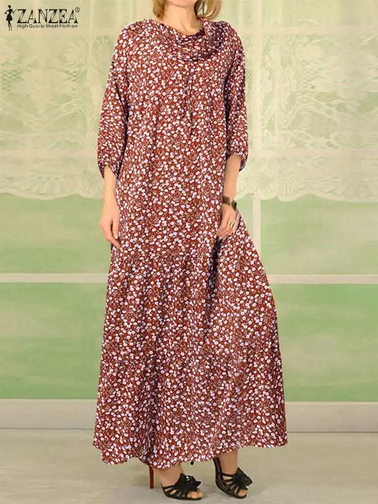 

ZANZEA Casual Loose Women Maxi Dress 2023 Bohemian 3/4 Sleeve Tiered Vestidos Fashion Floral Print Pile Neck Holiday Long Robes