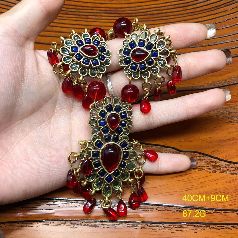 Винтажные серьги в придворном стиле с красной глазурью и кисточками ожерелье для