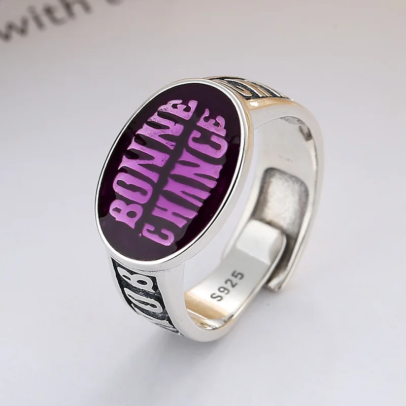 

925 Sterling Silver Couple Rings Korean Hip-Hop Color Lettering Glaze Good Luck Brand Adjustable Large Ring Goth Luxury Jewelry