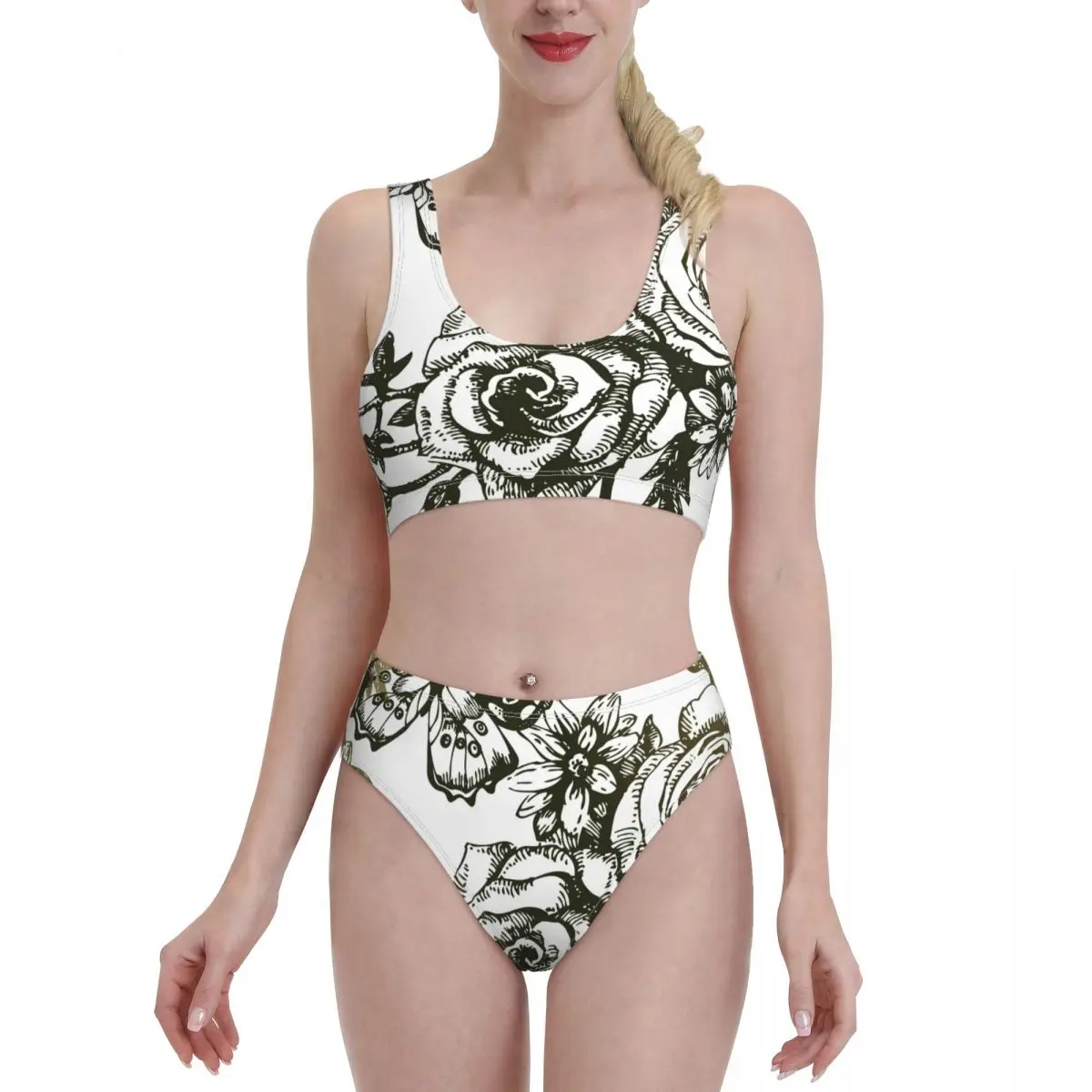

Bikini Sets for Women High Waisted Bathing Suits Floral Print Scoop Neck 2 Piece Swimsuit 524029844