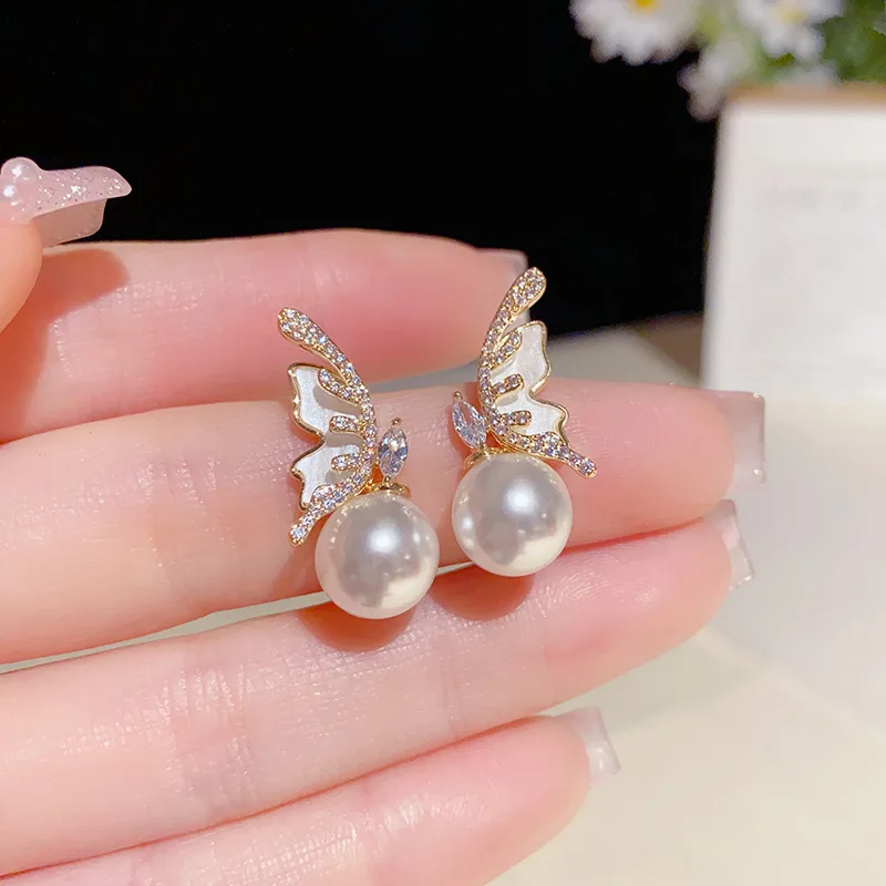 

New Korean Simple Pearl Zircon Butterfly Earrings for Women Fashion Personality Summer Accessories Party Jewelry Birthday Gift