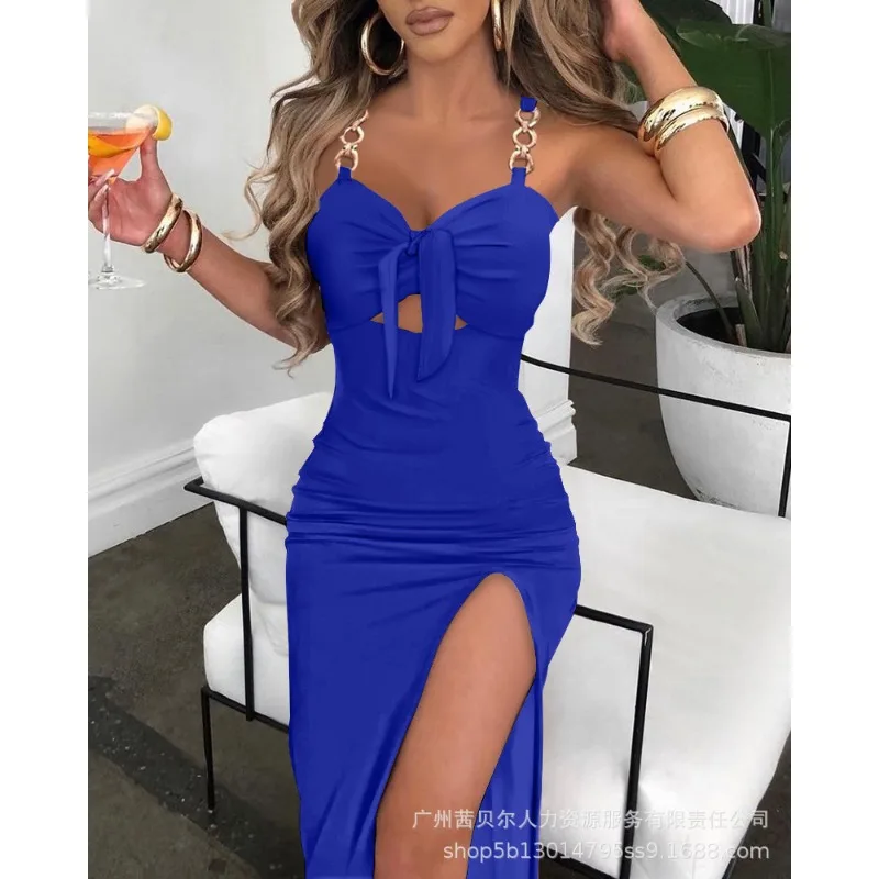 

2023 Women's Summer Dress New Sexy Spaghetti Strap Chain Hollow Out Party Dress Women's Sleeveless V-neck High Waist Slit Dress