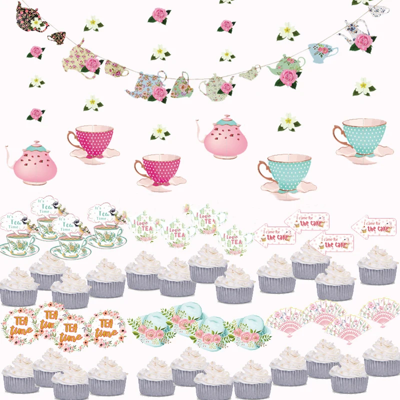

Rose Party Decorations Girls Ladies Afternoon Tea Party Supplies with Sweet Tea Rose Fan Logo Hanging Spiral Cake Decorations