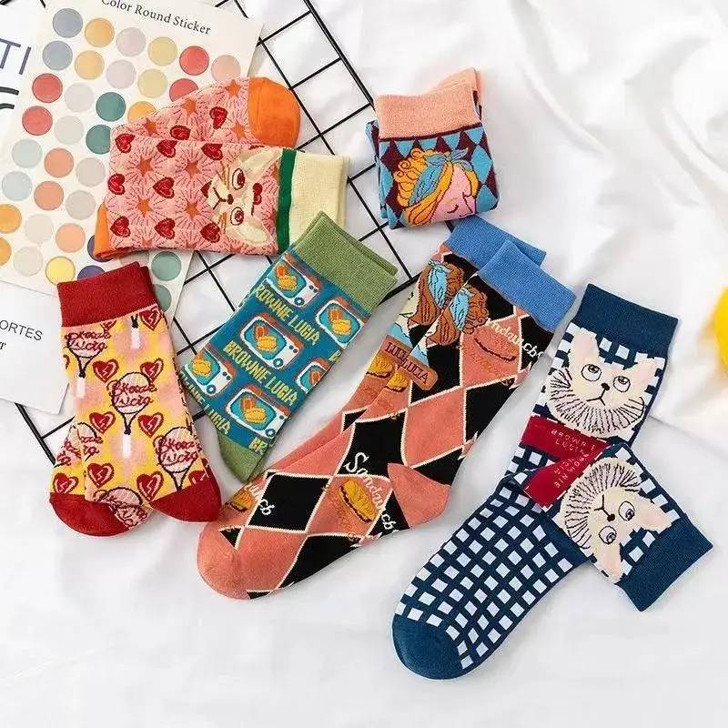 5 Pairs of Socks French Cats Men and Women Personality Tide Socks Retro College Style Medium-length Socks Novelties 2022 Trend