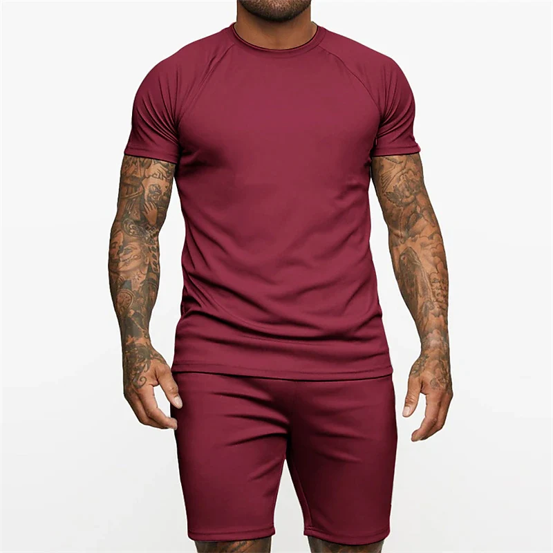 Men Clothes 3D Printed T-shirt Suits Plus Size Solid Color Designer Graphic Round Neck Ropa Short Raglan Sleeve 2 Pieces Summer