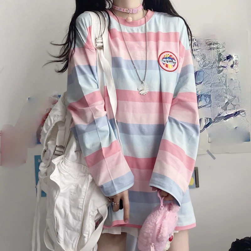 

harajuku Long Sleeve T Shirt girl Christmas Topspring autumn embroidery stripe Tops Tees Women full Sleeve T-shirt Casual Female