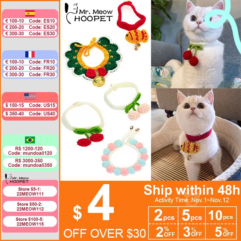 

Hoopet Cat Accessories Wool Bells Christmas Collar For Cats Pet Decoration Cute Collar Cherry Collar For Cat Small Fish Collar