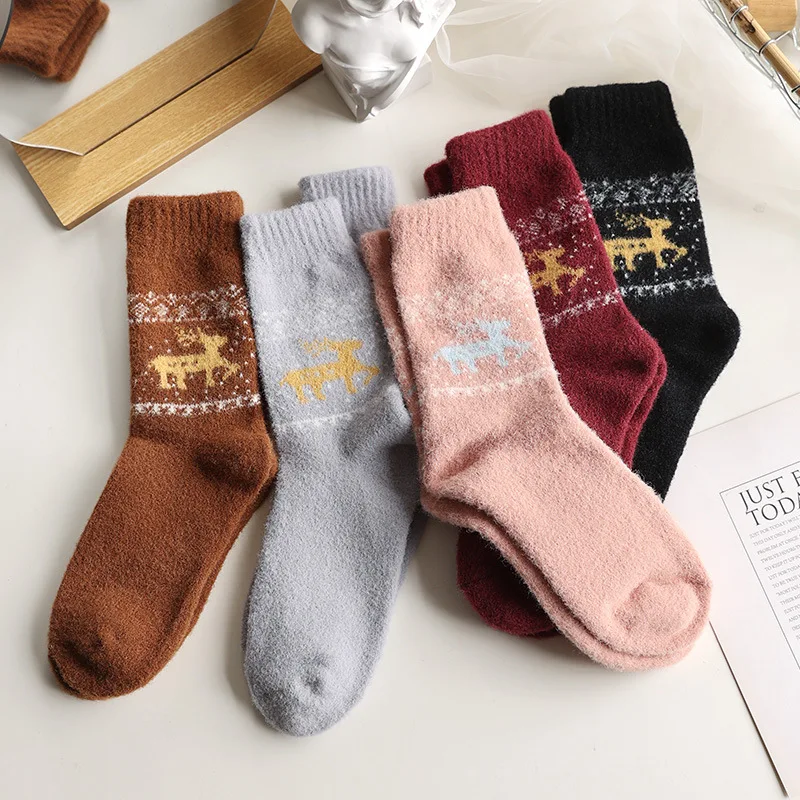 10Pcs=5Pairs Thickened Wool Christmas Socks Funny Elk Snowman Santa Claus Candy Socks Woman Warm Kids Christmas Gift Crazy Socks