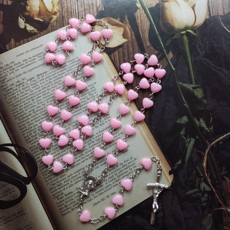 

Catholic Pink Heart Rosary Necklace Prayer Necklace Heart-shaped Beads Necklace