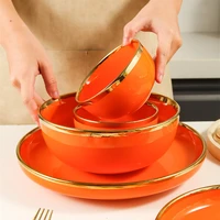 bright orange with gold rim porcelain kitchen dinner plate ceramic tableware set food dishes salad bowls spoons 1 set