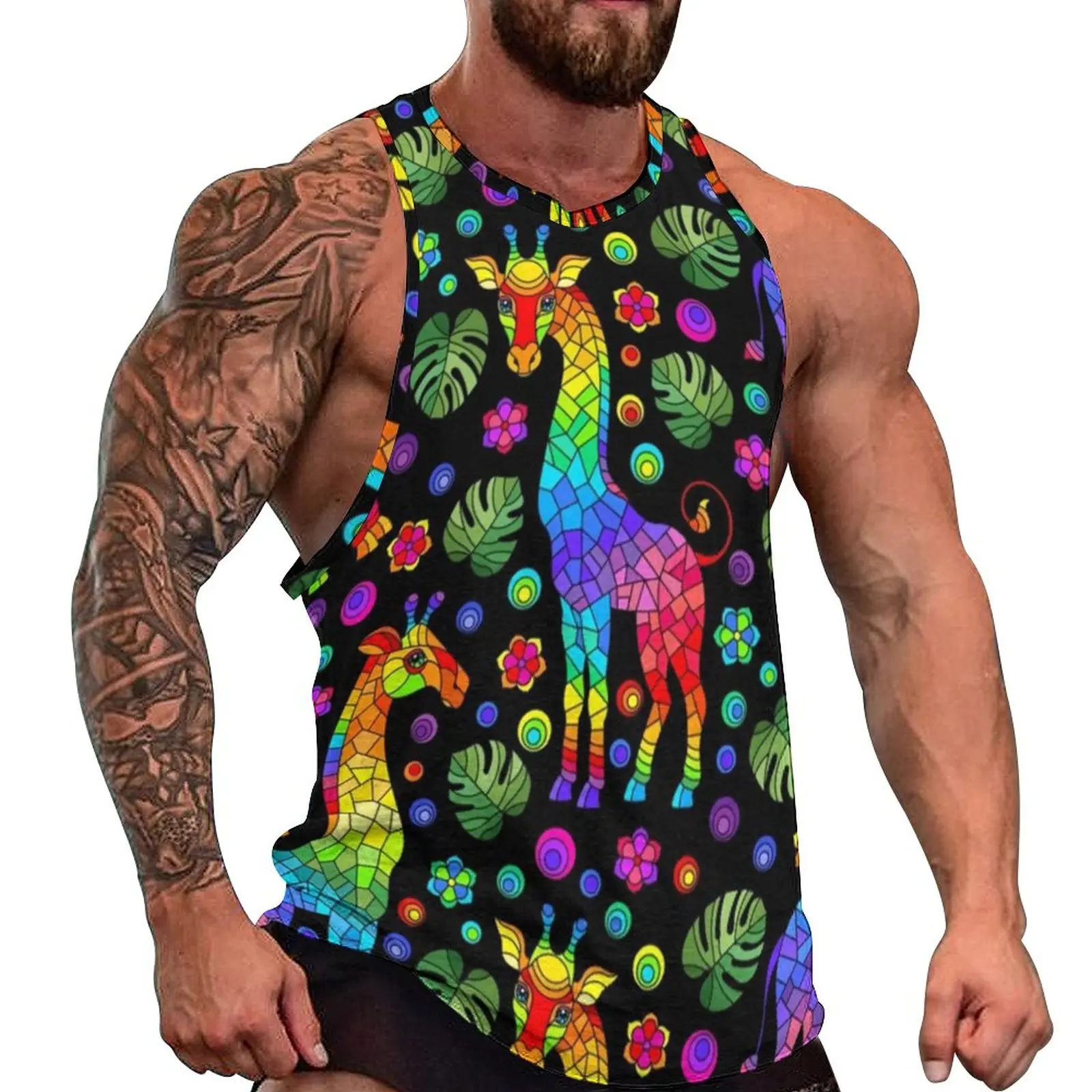 

Abstract Giraffe Tank Top Mens Colorful Animal Print Gym Oversized Tops Daily Fashion Design Sleeveless Shirts