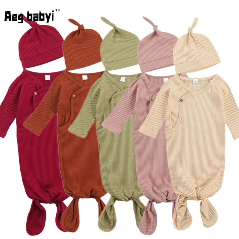 

Baby Sleeping Bags Spring Autumn Pajama Bag Solid Color Long Sleeve Cotton Sleepwear +Hat 2Pcs Sets New Born Baby Items 0-3M