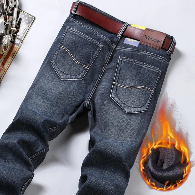 

Классические мужские джинсы с флисовой подкладкой, Свободные повседневные брюки стрейч классического кроя, брендовые теплые брюки с барха...
