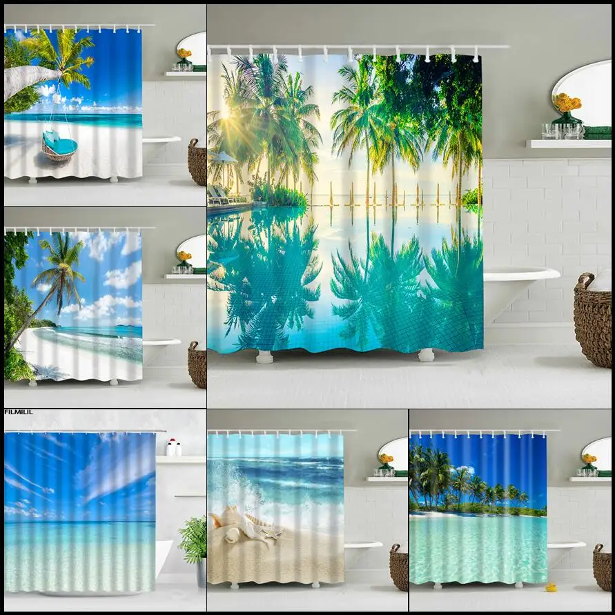 

Beach Coconut Tree Shower Curtain Seaside Seashell Ocean Nature Landscape Garden Wall Decor Cloth Bathroom Curtains Bath Screen