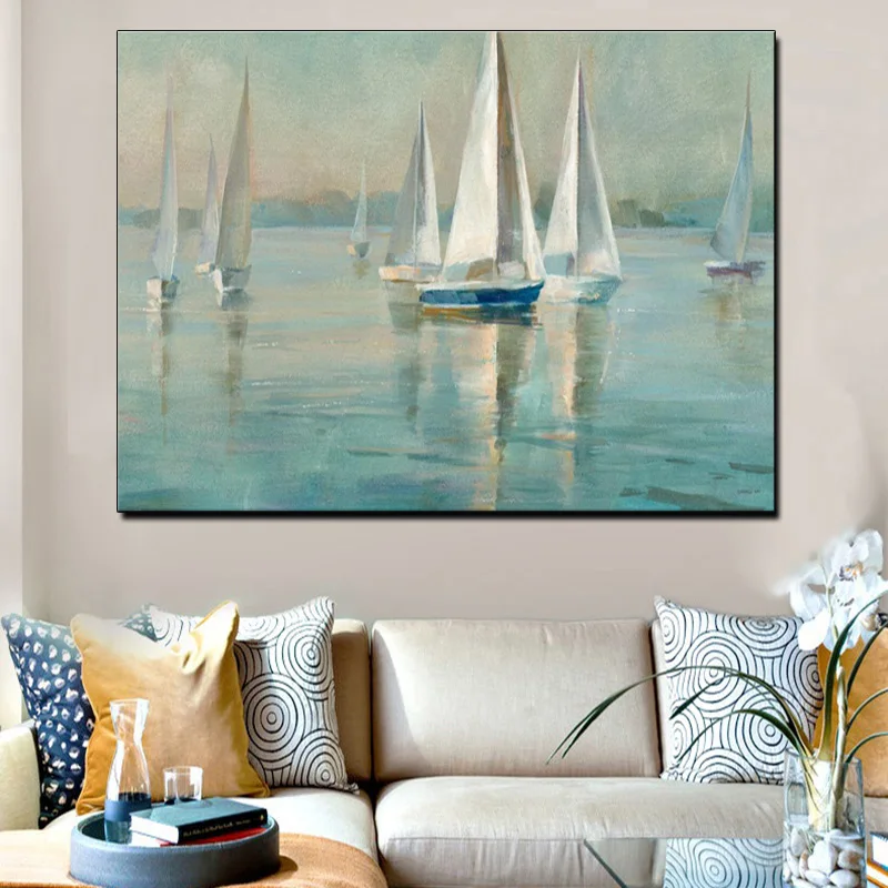 

Sea Sailboat Landscape Wall Art Canvas Painting Abstract Seascape Poster Nordic Wall Picture for Living Room Modern Home Decor