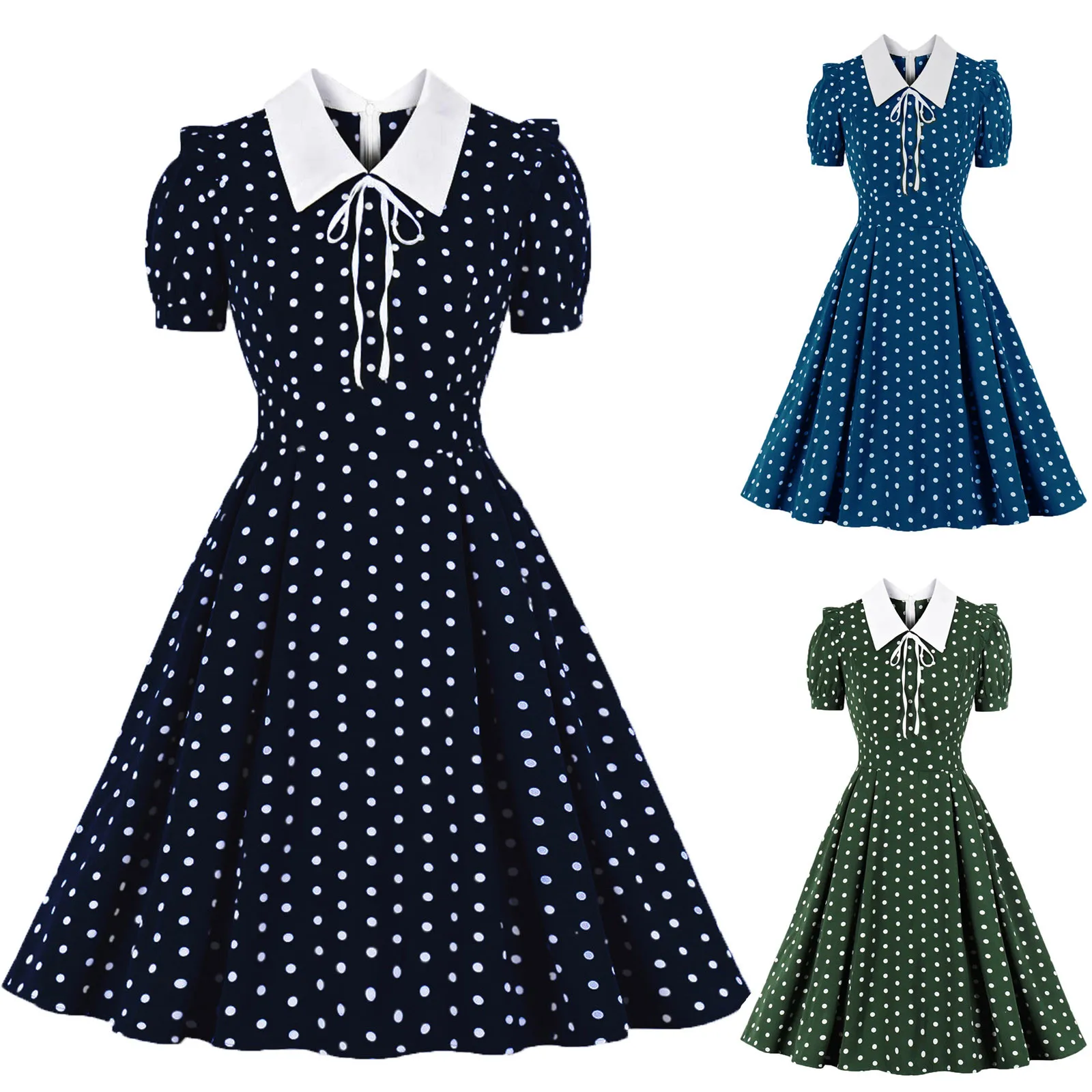 

Повседневные женские платья в горошек с отложным воротником в стиле ретро для студентов колледжа темпераментное Платье До Колена с коротки...