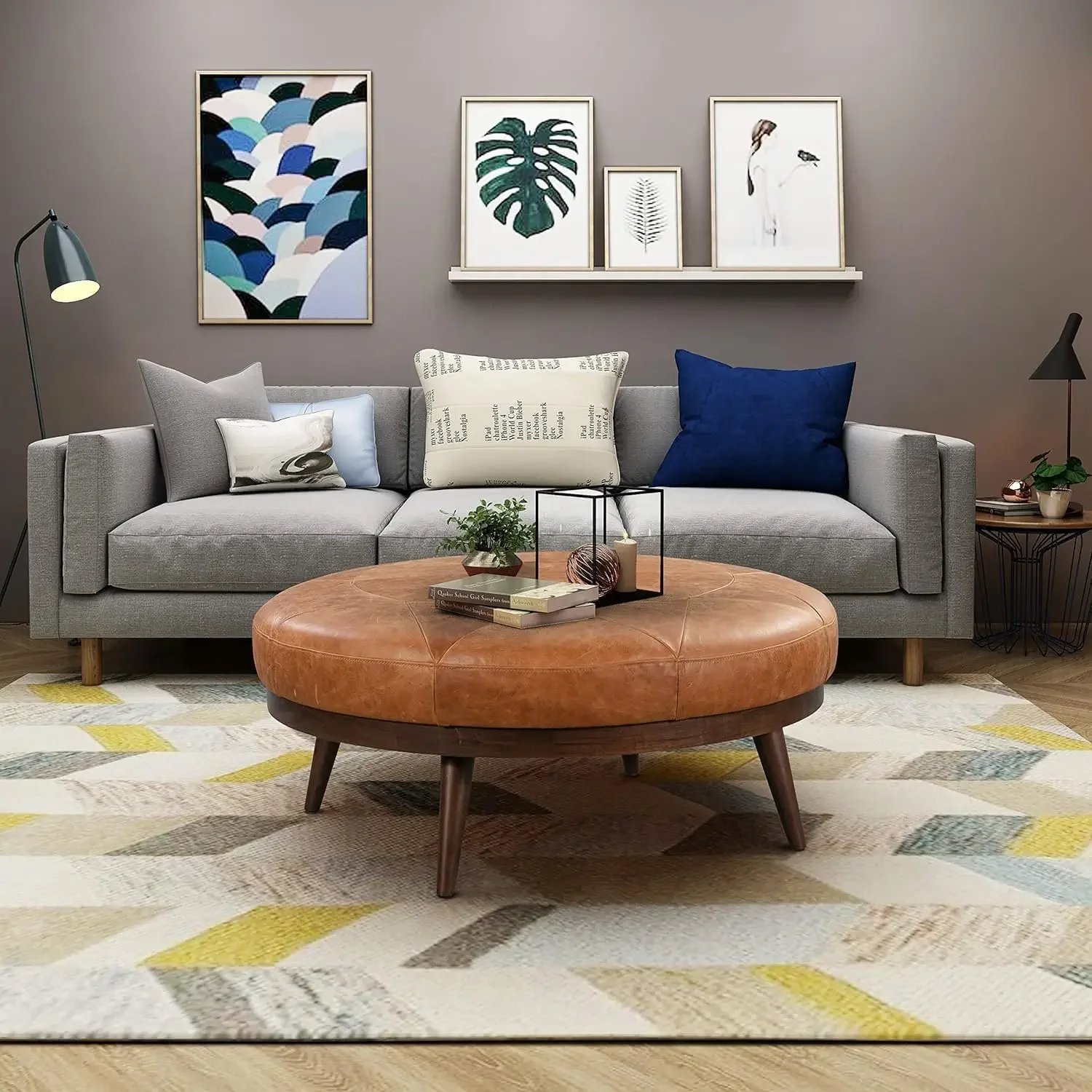 home.POLY &amp BARK Gio Современный кожаный пуф-пуф (коньяк Тан)