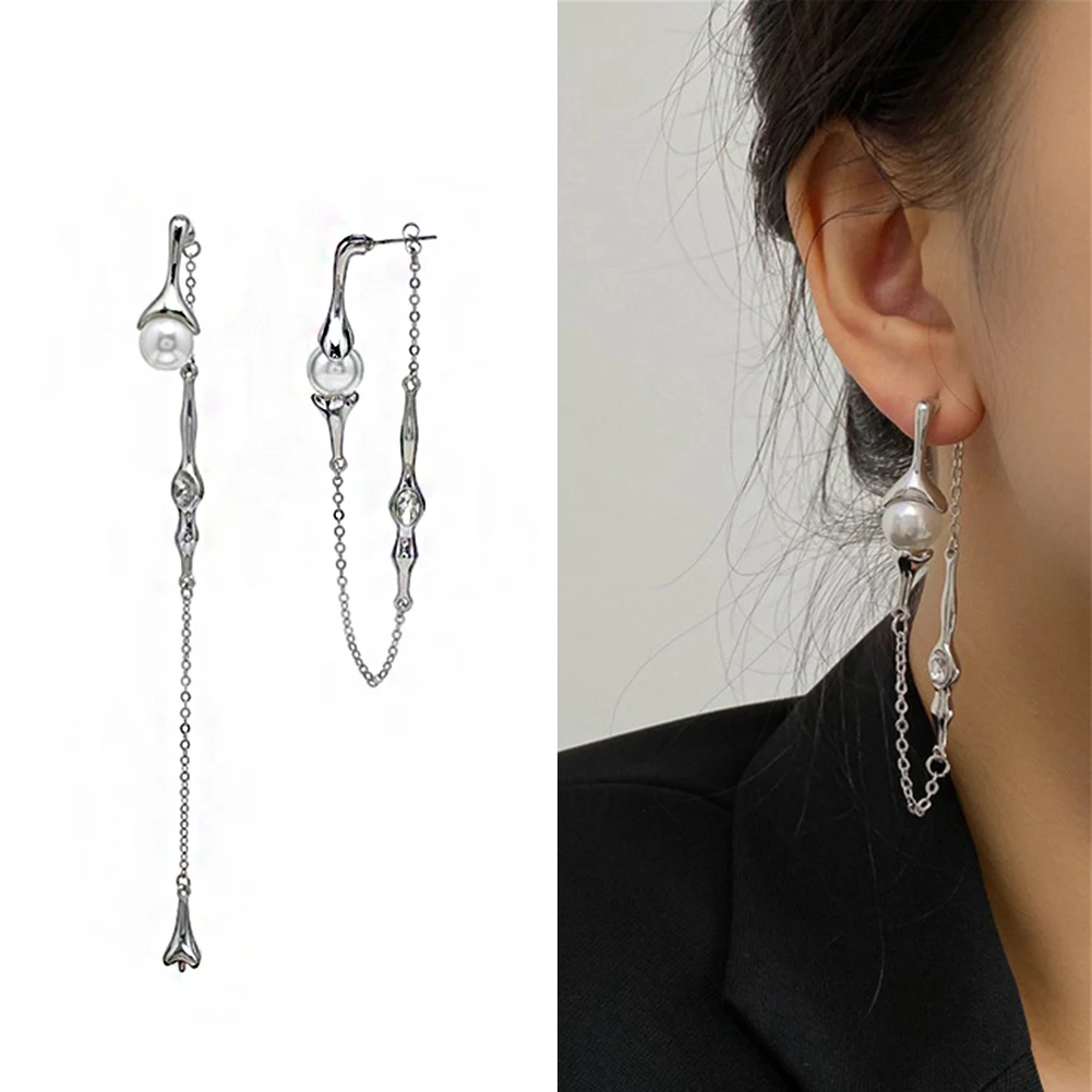 

White Pearl Silver Color Chain Pendant Women's Earrings Asymmetric Personality 2022 New Trend Drop Earrings Jewelry for women