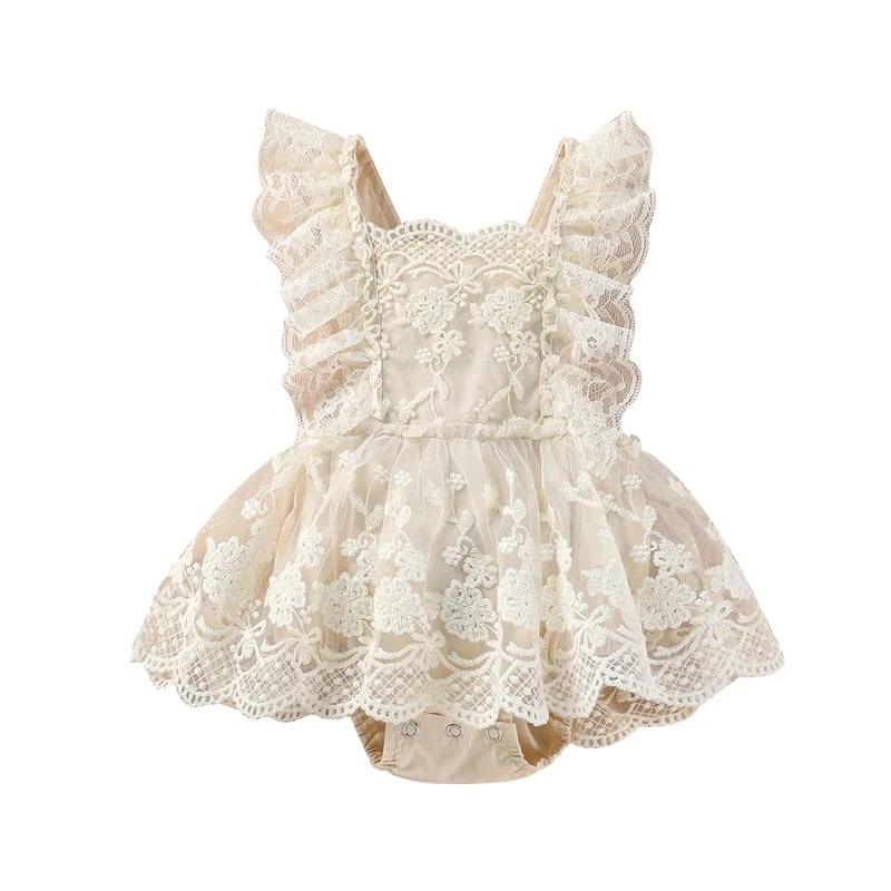 

0-24M Baby Girls Summer Romper Plain Floral Lace Embroidery Skirt Layered Adjustable Straps Snap Triangle-Bottom Bodysuit