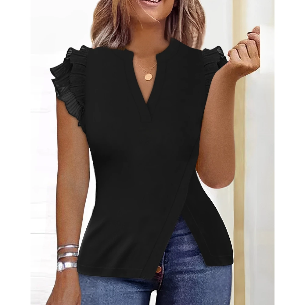

2023 Summer Woman Flutter Short Sleeve Split Hem V-Neck Sleeve Tees Casual Basic Black Tops Spring T Shirt Blouse Streetwear