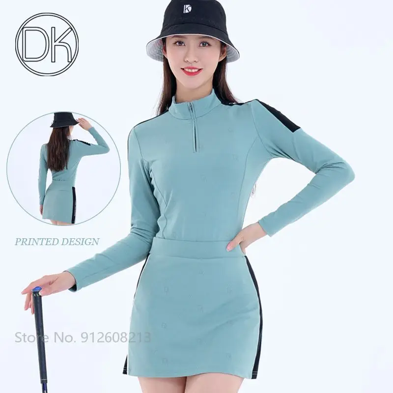 

DK Ladies OL Golf Outfit Slim Long-sleeve Shirts Zip Collar Tops Women Golf A-line Golf Skirt High Waist Pencil Skort Set XS-XXL
