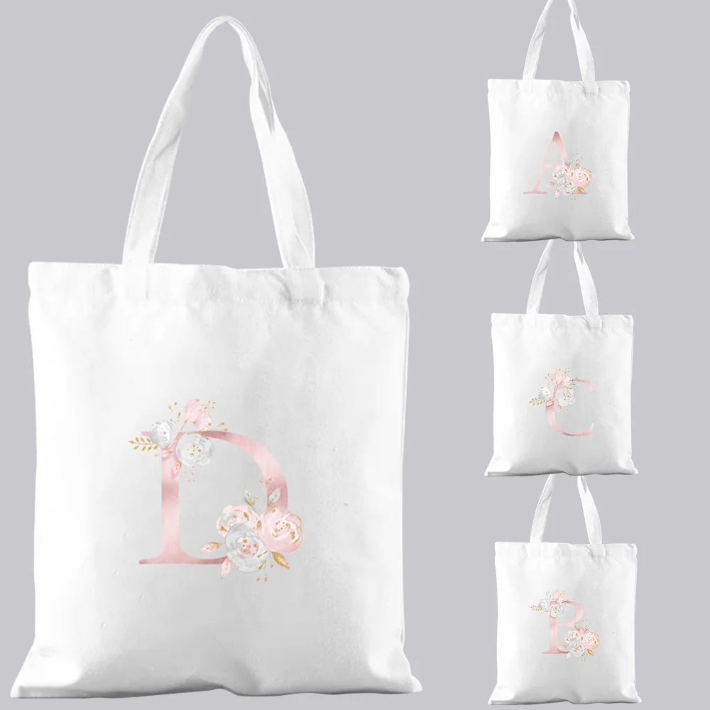 

Basic Handbag Women's Shopping Bag Shoulder Casual Initial Name Pink Flower Pattern Printing Travel Storage White Canvas Bag