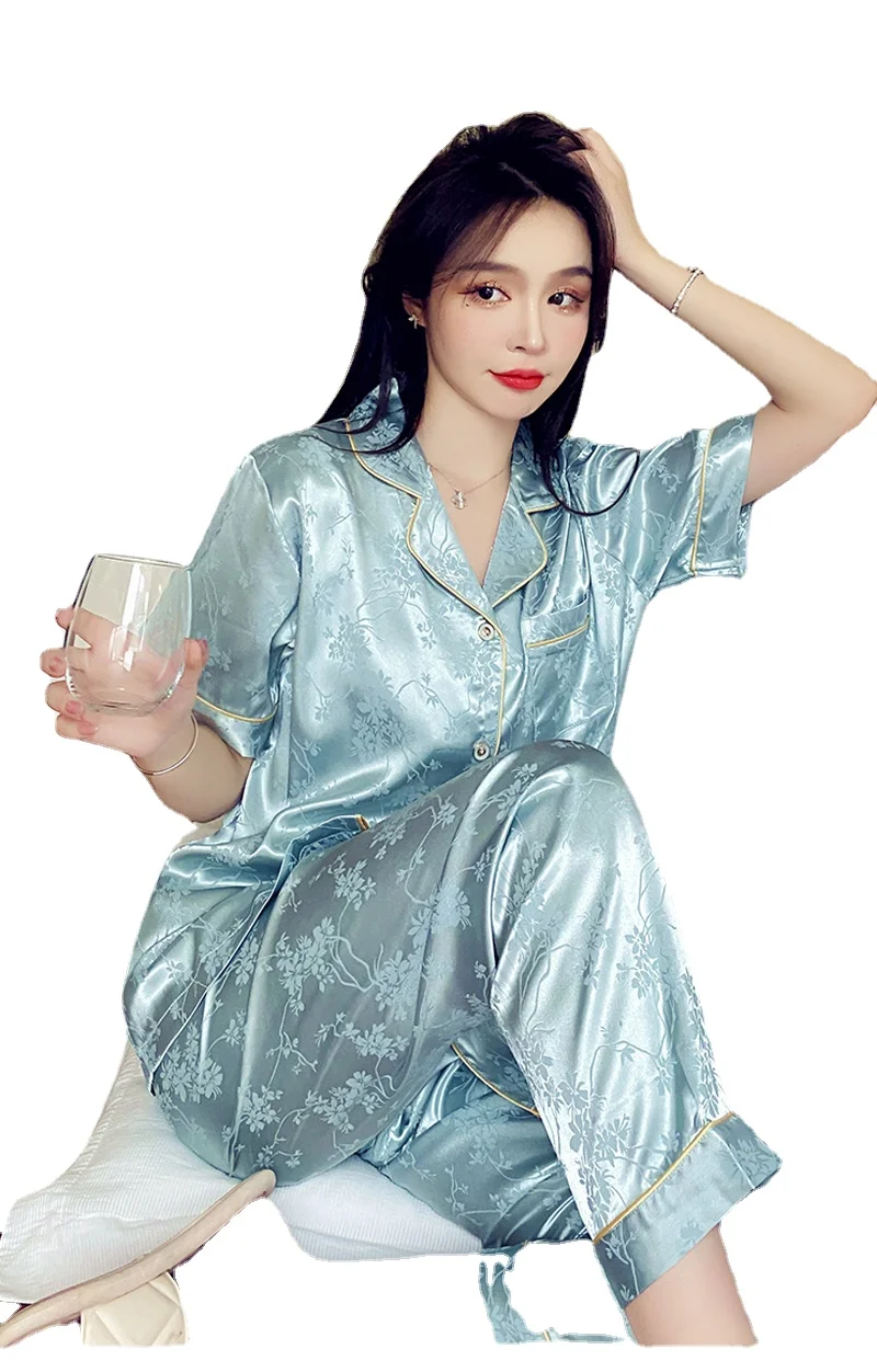 2023  paragraphs female xia ShangBing silk big yards thin loose trousers with short sleeves leisure wear pajamas in the summer