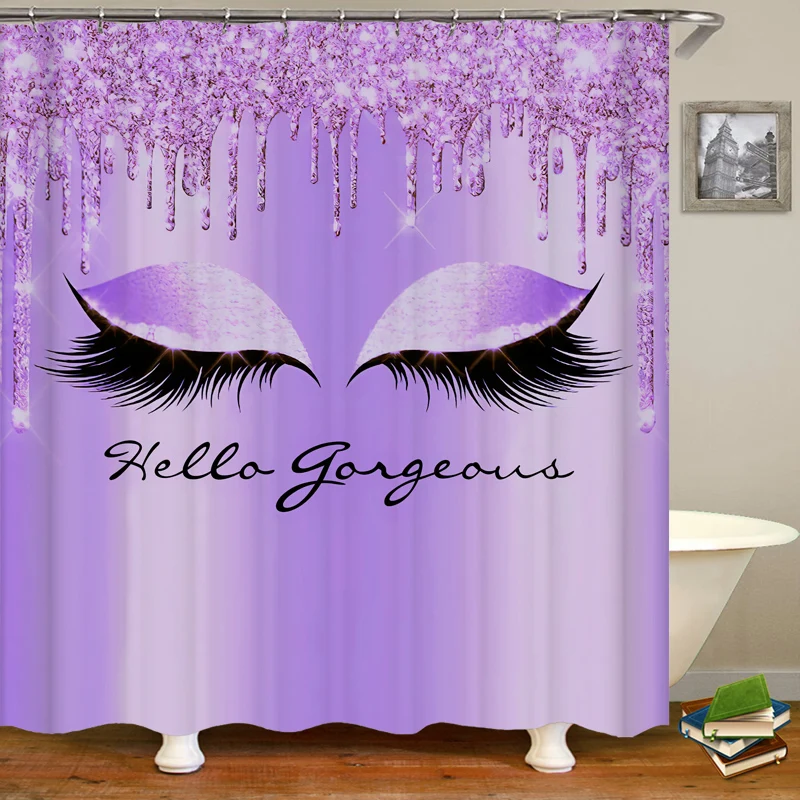 

Hello Gorgeous Unicorn Eyelash Art Shower Curtain, Pink Glitter Drips Background, Bathtub Showers Washable Fabric with 12 Hooks