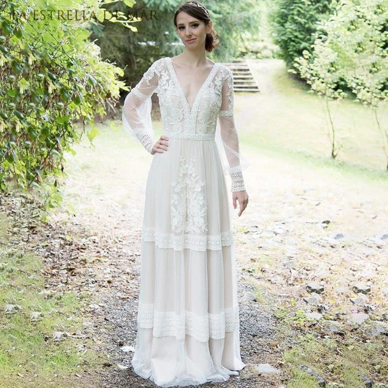 

BoHo wedding dresses for women bride new tulle appliqués lace lantern Sleeve batas de novia para boda rustic vestidos elegantes