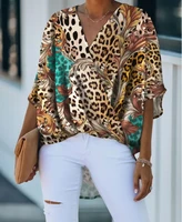 casual leopard print batwing sleeve wrap top women 2022 summer fashion new elegant v neck loose woman shirt