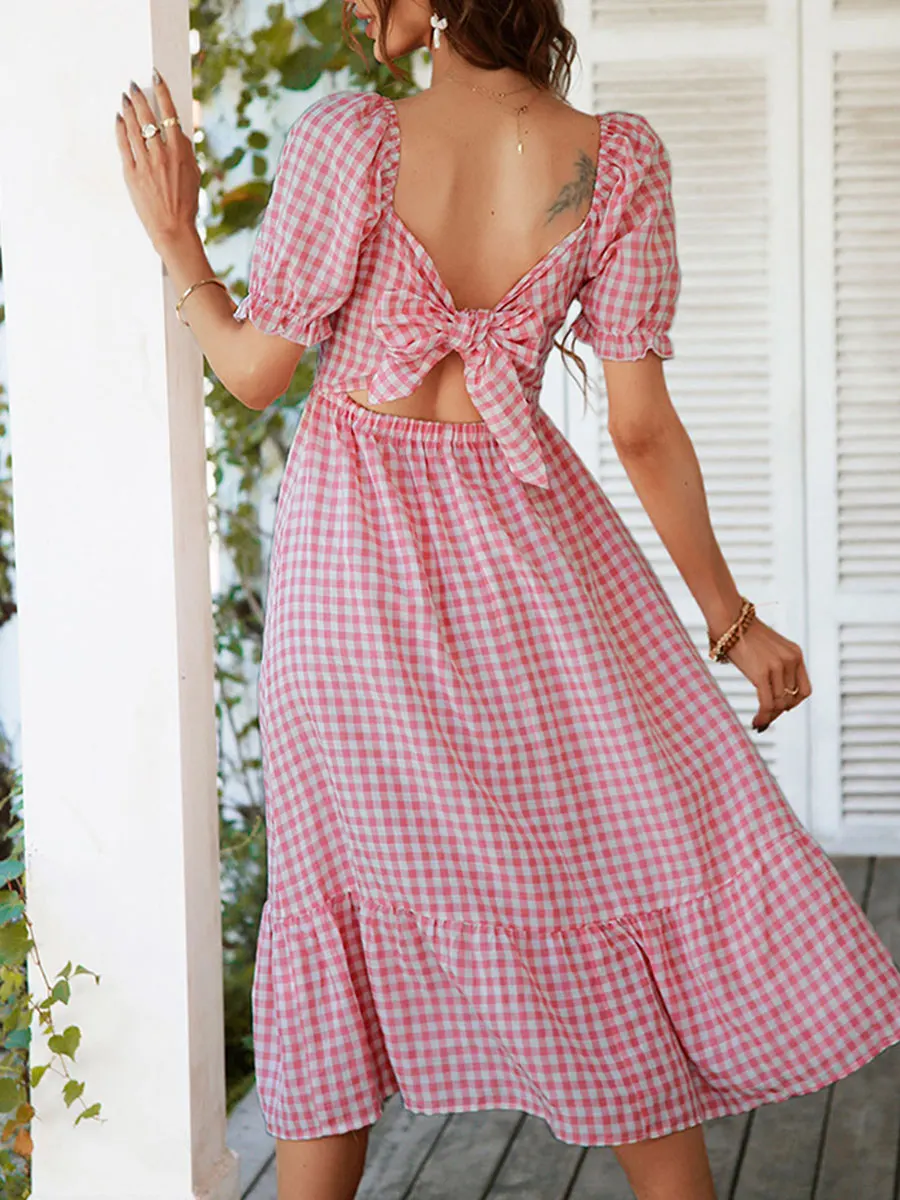 

Women s Summer Sleep Dress Plaid Print Short Sleeves Square-Neck Ruched Cutout Back Dress Loungewear
