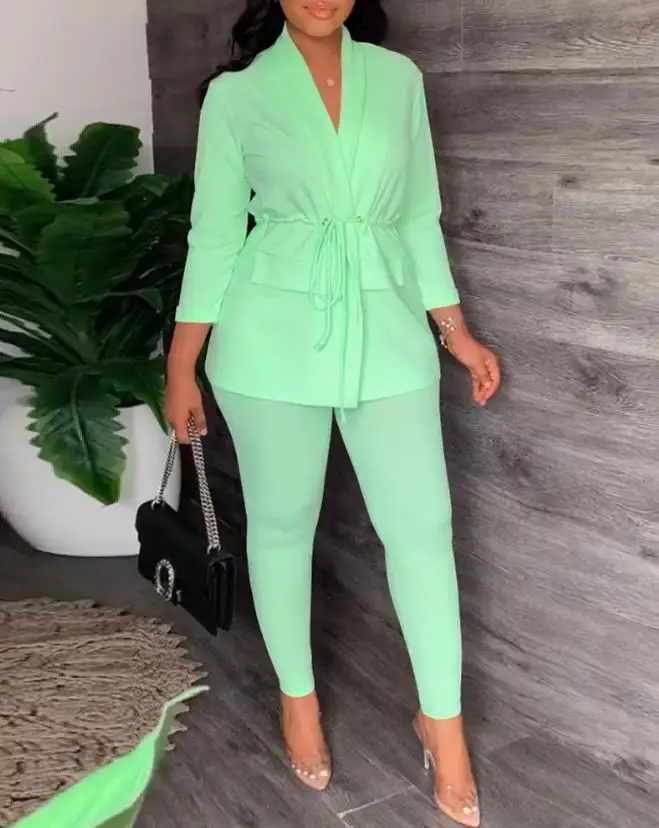 

Elegant Long Sleeve Drawstring Blazer & Pants Set 2023 Spring Plain Work Office Lady Fashion Europe America Two Piece Outfits