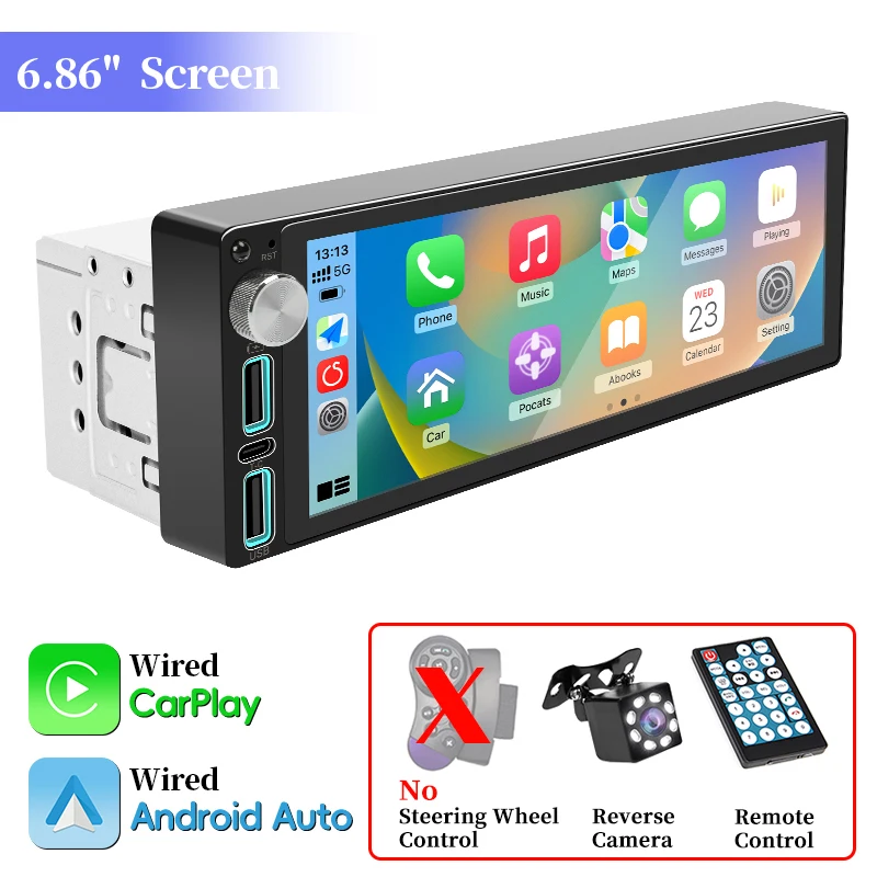 

Автомобильный радиоприемник Hippcron 6,86 дюйма Bluetooth 1Din, автомобильная стереосистема, автомагнитола Carplay, Android, IPS-экран с USB-зарядкой, поддержка задней камеры