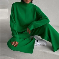 knitted women pants sets 2021 autumn winter fashion casual female solid 2 piece pant outfits long sleeve top and wide leg pants