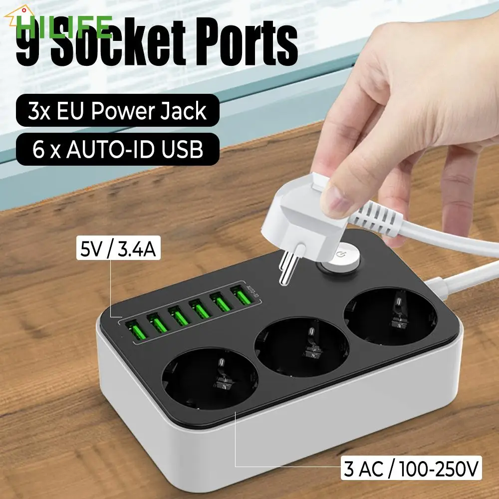 

Socket Ports Extension 9 In 1 5V 3.4A EU Plug 6 USB Chargers 3 AC Power Adapters Outlets USB Power Strip 2M Cable 100-250V