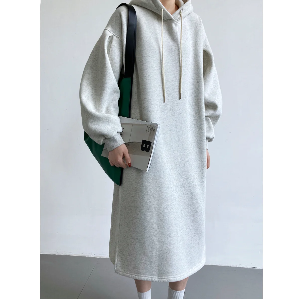 

Women's Solid Color Lantern Sleeve Hooded Sanitary Dress Autumn Winter Long Lazy Sweater Dress