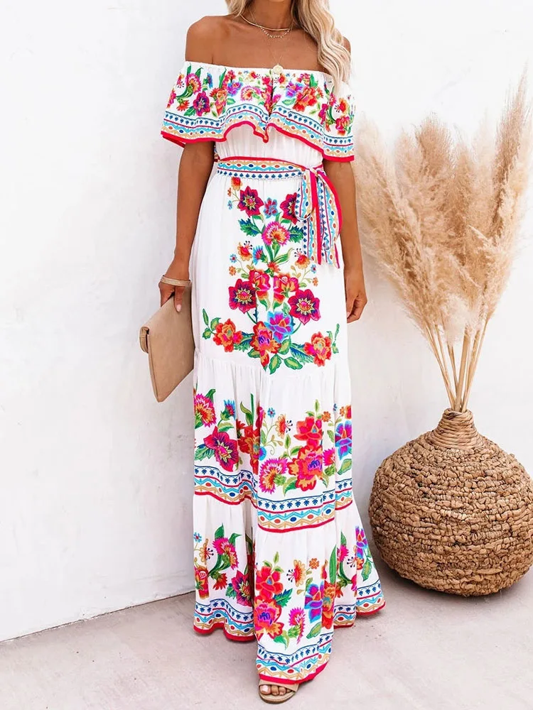 

Designer Women Dresses 2022 High Quality Slash Neck Print European and American Multiway Wrap Convertible Boho Maxi Club Dress