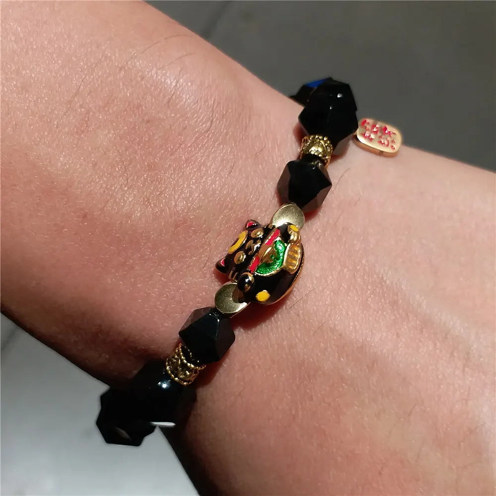 

Feng Shui Wealth Cat Obsidian Polygon Fortune Bracelet Men Women Lucky Black Amulet Wealth Natural Stone Beaded Bracelets